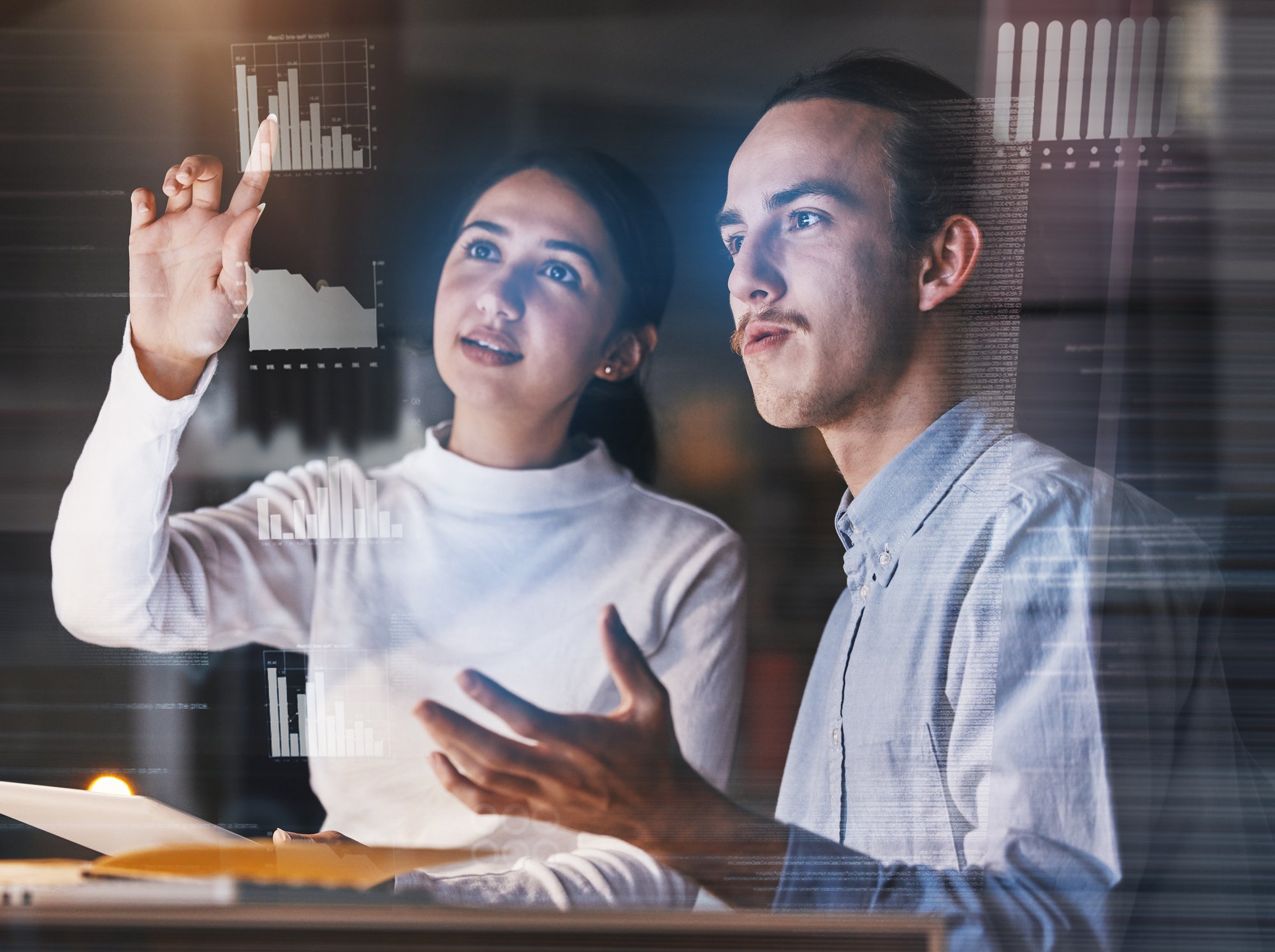 code-overlay-man-with-woman-hologram-futuristic-data-analysis-discussion-cloud-computing-coding-coworkers-employees-with-holograph-conversation-cyber-security-workplace