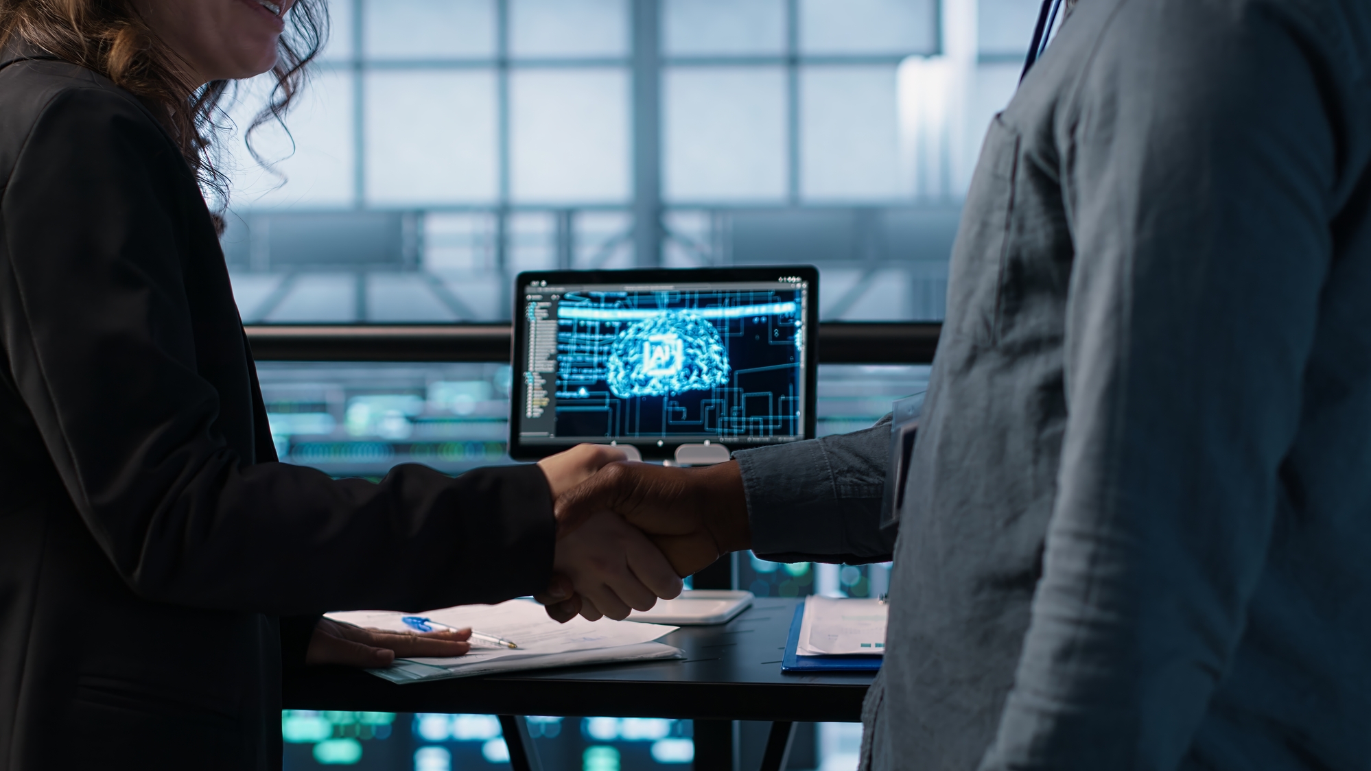 people-doing-handshake-ai-based-server-farm-checking-files-doing-deal